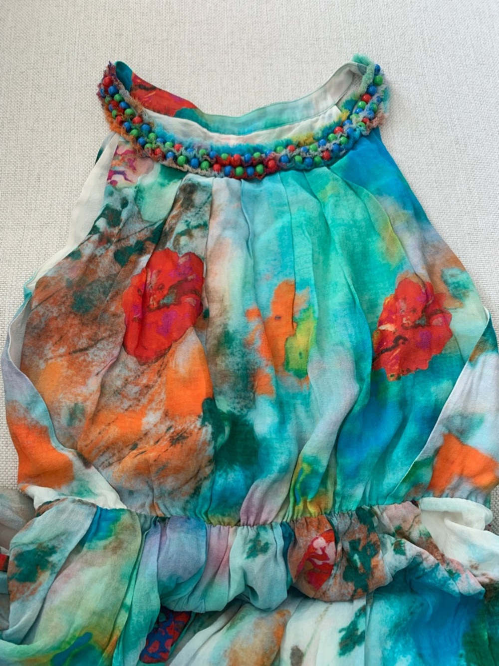 EP Multicolor Beaded Floral Sleeveless Silk Midi Dress Round Neck Size S - Picture 5 of 10